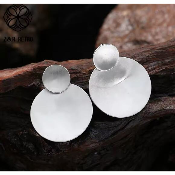 Clip on 2 1/2" matte silver double circle dangle earrings - Picture 2 of 4